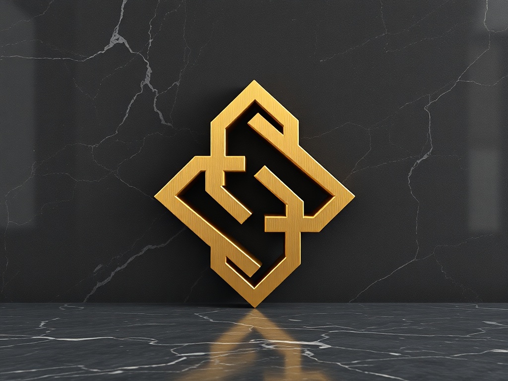 3D render of a geometric logo mark: interlocking lines in brushed gold, placed on a dark gray marble surface, subtle reflections, high-end commercial photography, 8k, photorealistic.